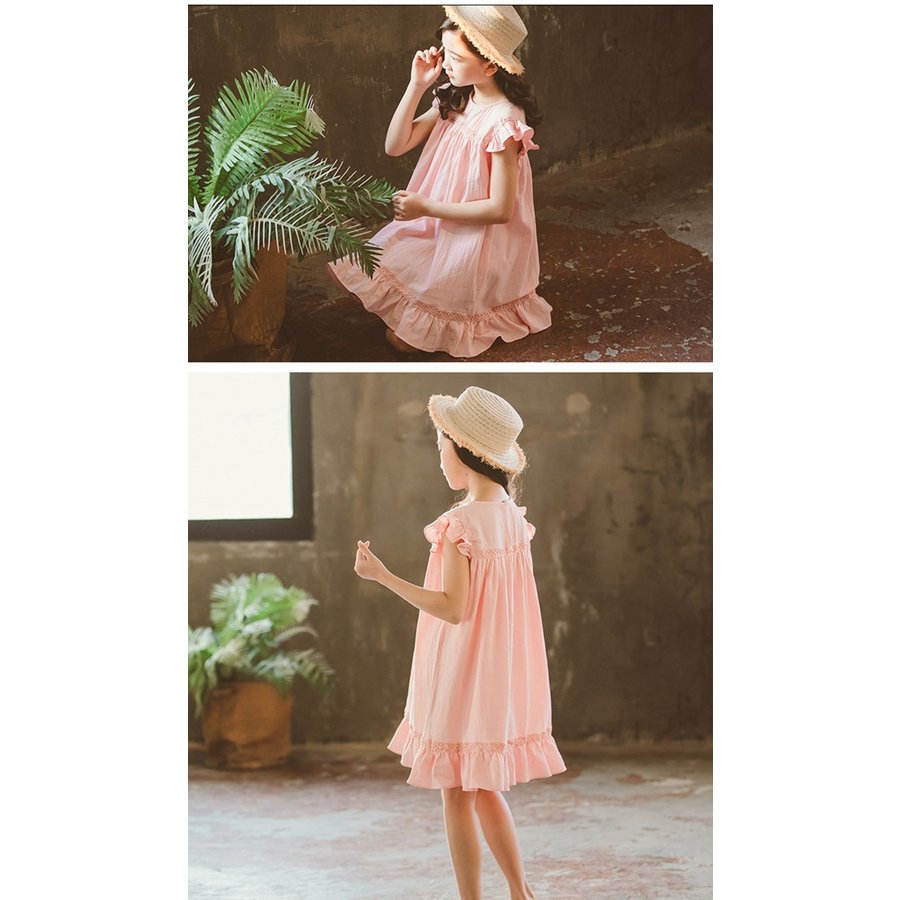 キッズ ワンピース 夏 ノースリーブ 綿100（%）韓国 白 ピンク フリル袖 女の子 子供服 発表会 結婚式