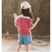 韓国子供服 ２点セット トップス 半ズボン チェック柄 カジュアル ナチュラル デニムパンツ ジーンズ