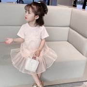 韓国子供服 2点セット Tシャツ ワンピース 夏 半袖 ロング丈 リボン チュールスカート サロペット