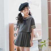 韓国子供服 セットアップ トップス+スカート プリーツスカート ボートネック 夏 半袖 ゆったり リゾート