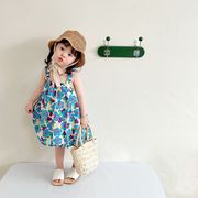 女の子のための2024年の新しいサマードレス、韓国風大花柄サスペンダースカート
