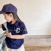 子供服2024年夏韓国版、男の子と女の子の綿刺繍ポロシャツ、Tシャツ子供用半袖