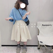 韓国の子供服、2024年夏の女の子の無地のルーズTシャツ、ワイドレッグパンツ、薄い韓国のカジュアルスーツ