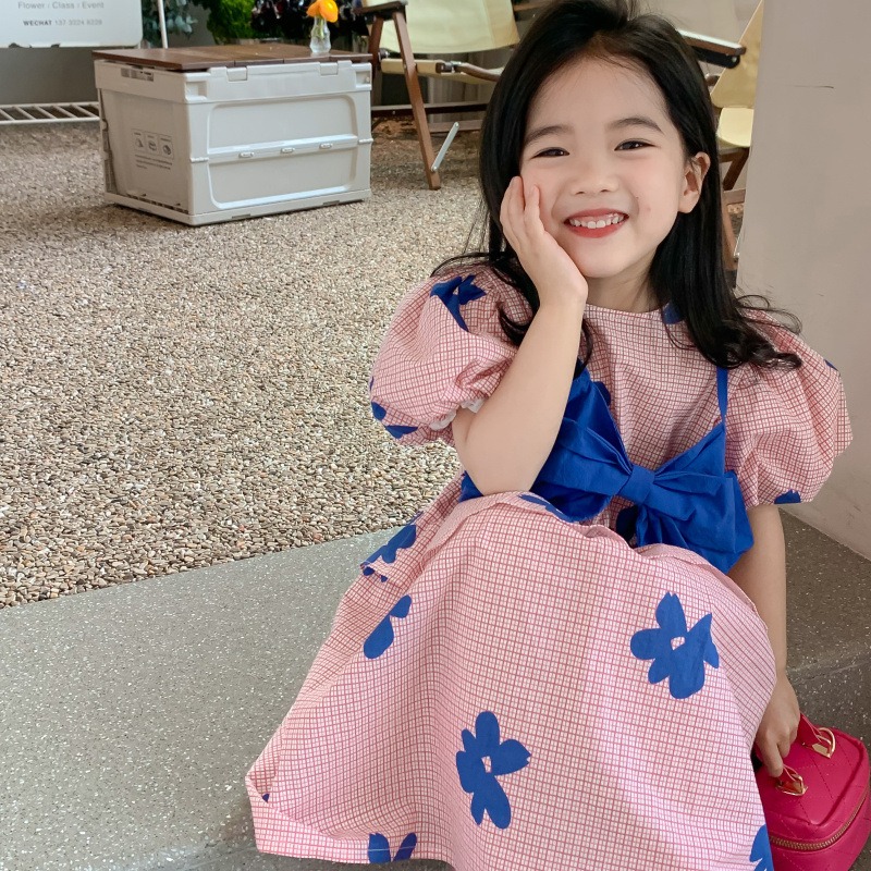 かわいい 青のリボン 青のリボン デザイン ピンクのドレス 韓国子供服  夏服  ワンピース
