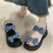 【2024夏新作】韓国風レディース サンダル オープントゥ リボン 厚底 歩きやすい オシャレ シューズ 靴