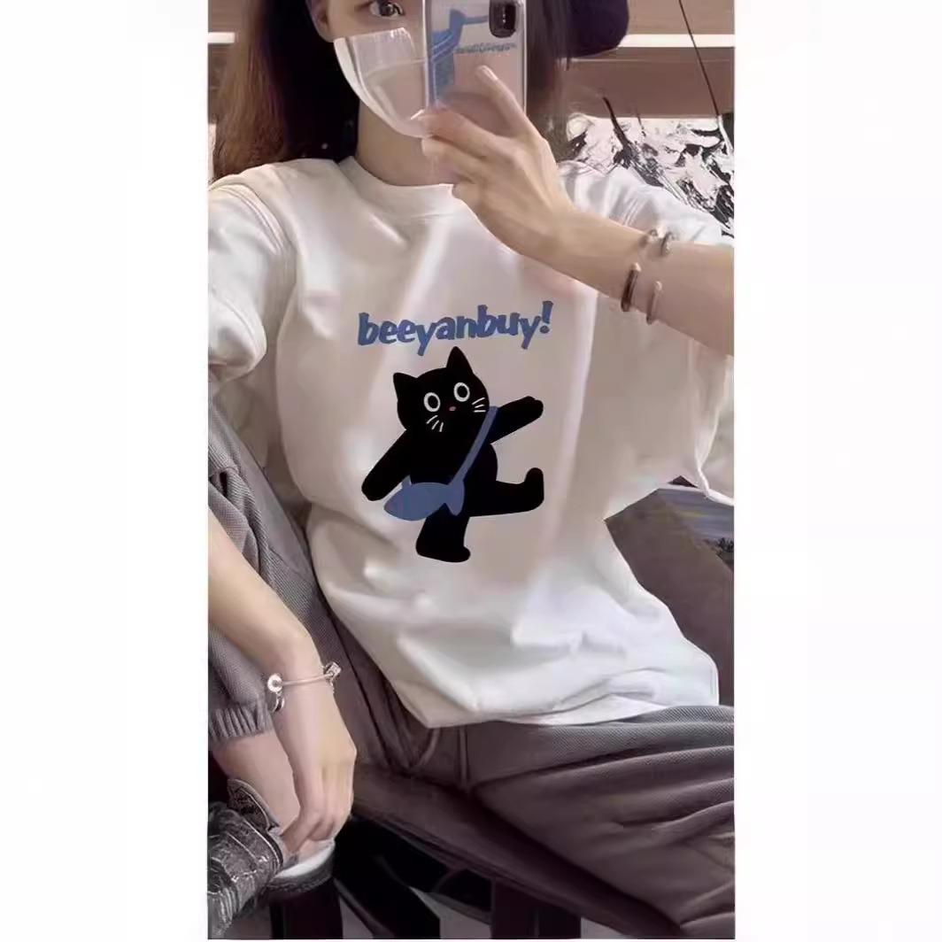 3色 かわいい黒猫 猫柄半袖 Oversize ゆるい Tシャツ 半袖 夏服