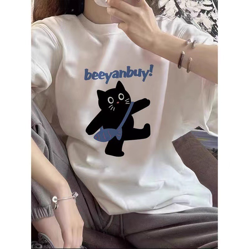 3色 かわいい黒猫 猫柄半袖 Oversize ゆるい Tシャツ 半袖 夏服
