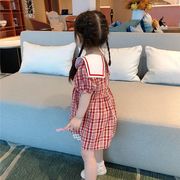 韓国子供服 ワンピース 夏 子供ドレス 半袖 チェック柄 リボン 切り替え 女の子 リゾート