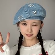 デニムベレー帽　パール　帽子　春夏　レディース　韓国ファッション　オシャレ