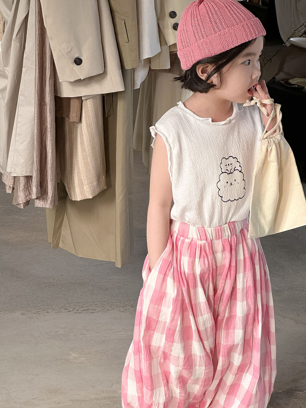 子供服 80~140cm キッズパンツ ピンクチェックモンペパンツ 韓国