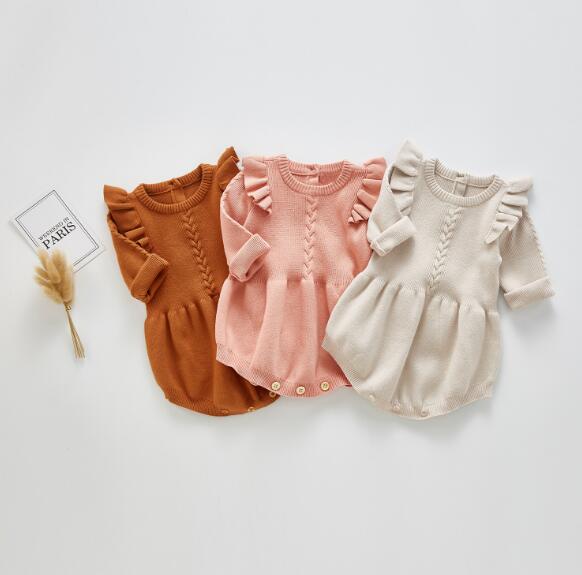 秋　ベビーロンパース　ニット　無地　オールインワン　フリル　男女兼用　子供服　ロンパース　出産祝い