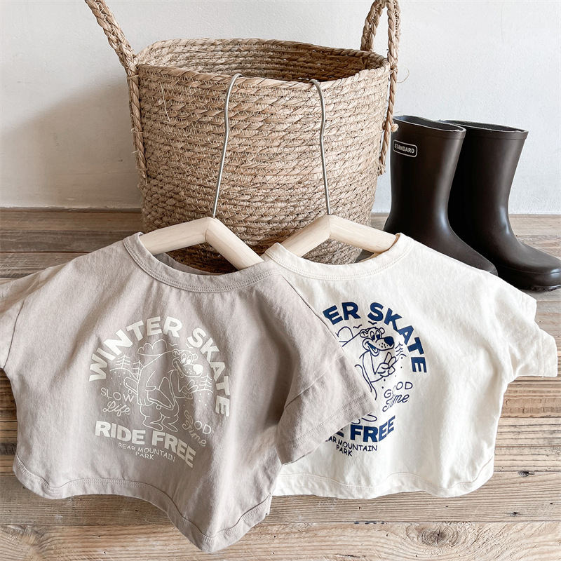 ins　夏新作　子供服　クルーネック　可愛い　英字　Tシャツ　カジュアル　トップス　柔らか　半袖
