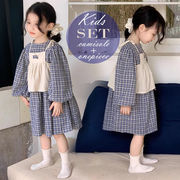 初回送料無料 2024新作 韓国子供服 子供 キッズ セット ワンピース 長袖 チェック柄 ネイビー キャミソール