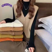 レディース服　トップス　ベスト　ｖネック　お出かけ　前開き　ニット生地　カジュアル　韓国風　6色展開
