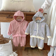 ★BaBy★　73~100cm　ベビーパーカー　ボーダーフード　スウェット　韓国ベビー服