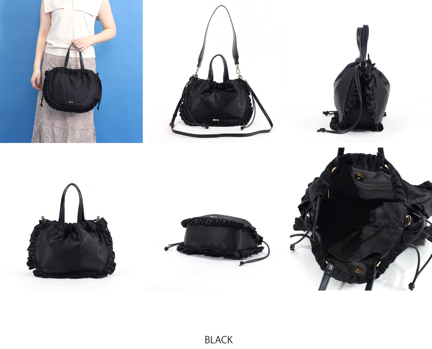 nori ショルダーバッグ 黒 フリルデザイン 収納袋付き