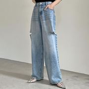 ANJIL☆2025春レディース服 クティールとレトロ無地ダメージカットワイドパンツデニム