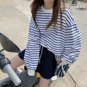 韓国ファッション☆2025春レディース服　シンプルラウンドネックボーダー柄長袖シャツ
