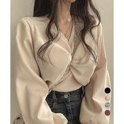【日本倉庫即納】 フロントねじり シャツブラウス Vネック