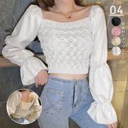 シャツブラウス スクエアネック レディース 長袖 ショート丈ニットトップス