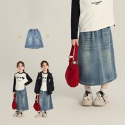 2025春夏 韓国風女の子ポケット付きスリット入りデニムロングスカート