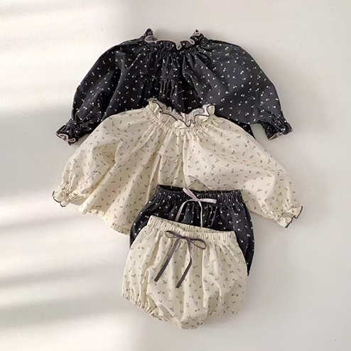 BAIS☆2025春新作 ベビー服女の子フリル付き小花柄トップス&短パンツ2点セット