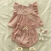 2025夏新作 韓国風 キッズ服 コットン100%  シャツ&ハーフパンツ ツーセット 2色 73-100cm