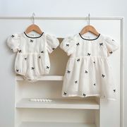 夏蝶結び付きバブルスリーブボディースーツ プリンセスチュニック 女の子用ワンピース お揃い姉妹服