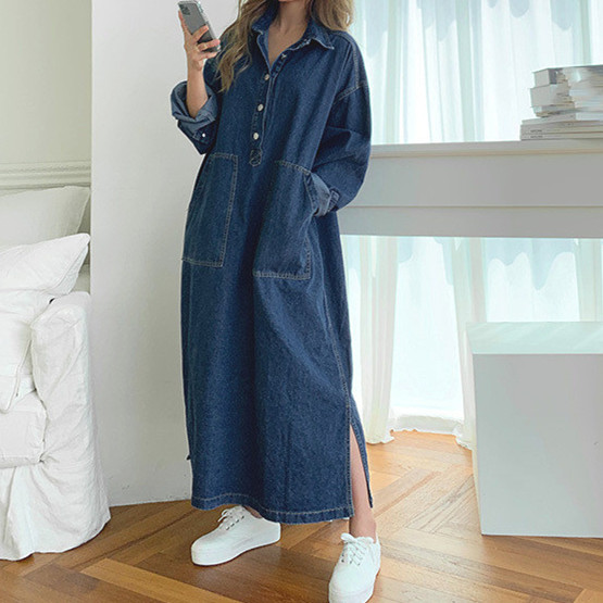 ワンピース シャツワンピース デニム レディース デニムワンピース ロング丈 大きいサイズ 長袖