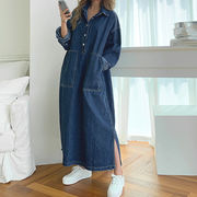 ワンピース シャツワンピース デニム レディース デニムワンピース ロング丈 大きいサイズ 長袖