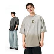 メンズ グラデーションロゴ刺繍 半袖Tシャツ アメリカンストリート風 ウォッシュ加工 ヴィンテージ★全2色