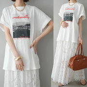 ANJIL☆新作 半袖プリントTシャツ＋豪華刺繍ロングスカート シンプルで高見えする2点セット