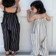 SEC☆2025年夏新作 女の子用 ストライプ柄 オーバーオール風 サロペット パンツ付きワンピース