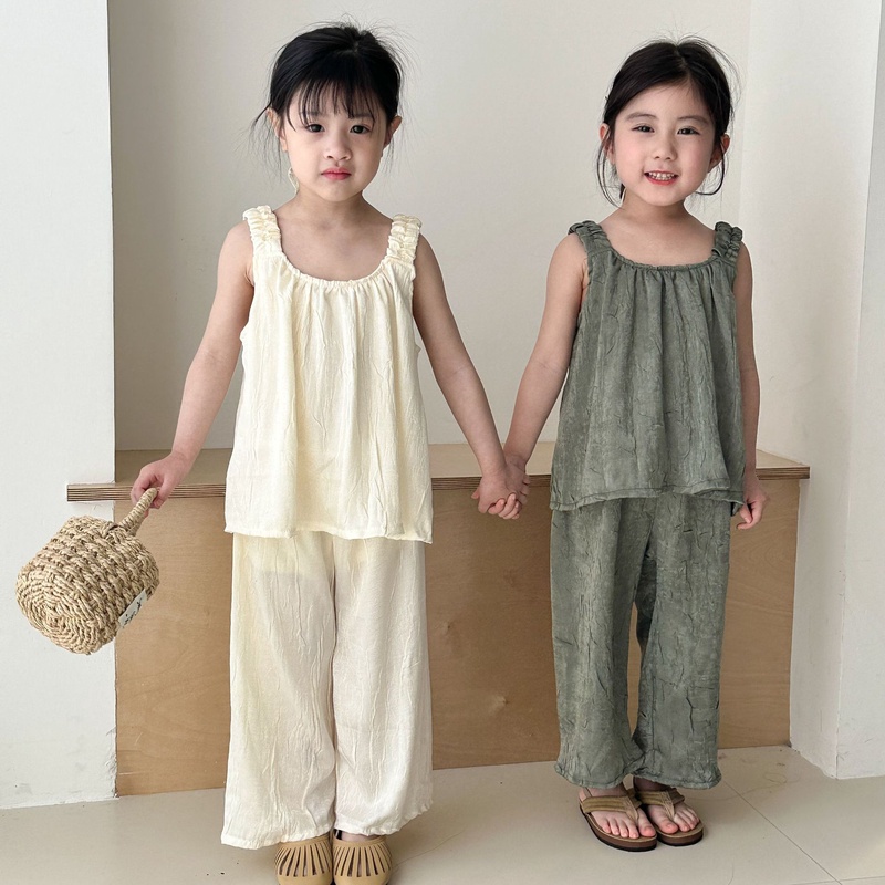 QQMM☆女の子 夏セットアップ 洋風 2025夏 キャミソール＋ワイドパンツ 2点セット