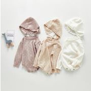 秋　ベビーロンパース　ニット　総柄　カバーオール　帽子付き　レース　子供服　ロンパース　出産祝い