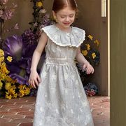 子供用北欧風刺繍ワンピース 女の子ノースリーブ大きめスカートプリンセスドレス