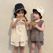 2025新作 キッズ綿100％夏用タンクトップ＋ショートパンツセット 韓国風 男女兼用 薄手カジュアル