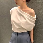 韓国風 トップス アシンメトリー ワンショルダー 無地 プルオーバー 半袖Tシャツ