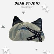 アメリカンヴィンテージ風 デニム猫耳ベレー帽 八角デザインキャスケット