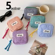 韓国風チェック柄スクエアポーチ 小さめ仕切り付き 学生向け 化粧・イヤホン・小物収納