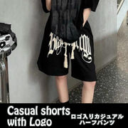 ハーフパンツ ショートパンツ ゴシック ロゴ入り レディース パンツ 短パン 膝上 ウエストゴム