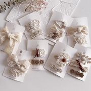 北欧風 コットンレース リボン付きハート＆フラワー ヘアピンBBクリップセット