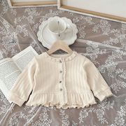 LQY☆INS風ベビー春秋フリル丸首長袖カーディガン 女の子シンプルワンボタンフリル付きアウター