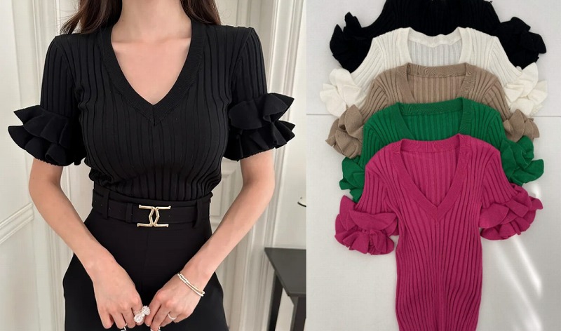 全5色 半袖トップス フリル 切り替え スリム 着痩せ シンプル