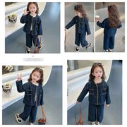女児秋服セット 新作 春秋デニムジャケット ワイドパンツ おしゃれ2点セット 子供用 80-140cm