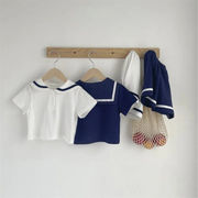 2025夏新作　子供服　セーラーカラー　半袖　セットアップ　Tシャツ　ショートパンツ　可愛い　通園　2色
