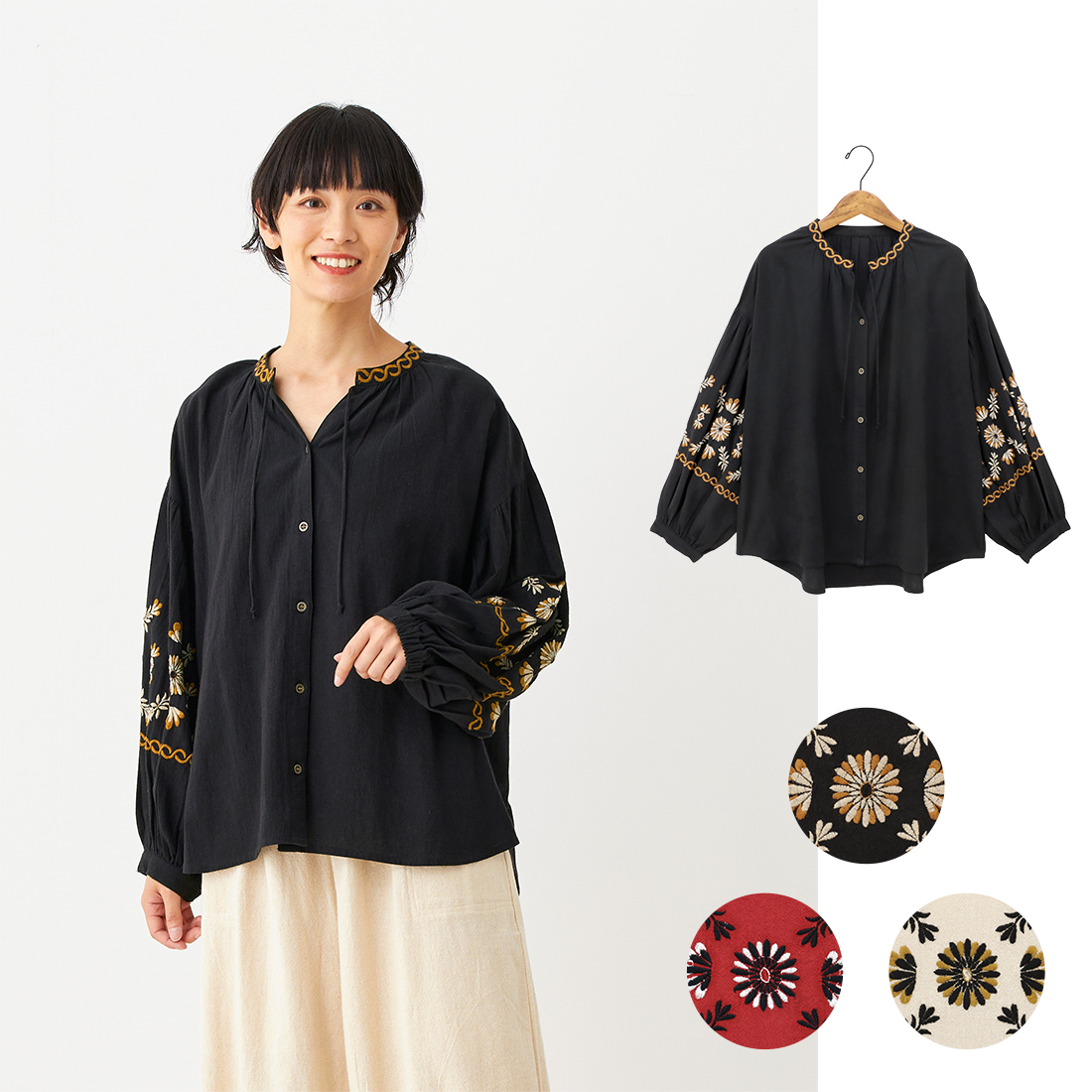 【Shanti Shanti】ブラウス クリンプ[レディース長袖シャツブロックプリント東欧刺繍アジアン秋冬25AW]