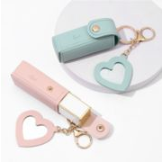 韓国雑貨 2025新作 人気 ハートチャーム鏡付き リップケース かわいい 携帯用 ポーチ キーホルダー付き