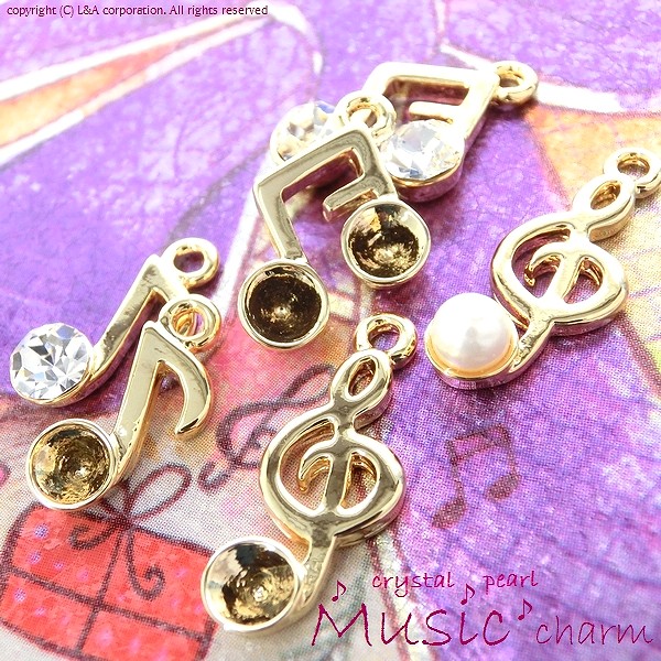 ▼限定45％off 9日17時まで▼2個価格★音符チャーム★フレーム＆パール＆クリスタル＆★ “Music Note”