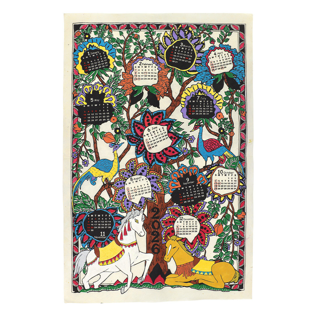 カレンダー ワンページ 生命の樹[馬干支手漉き紙ネパールアジアンエスニック 和紙25AW]